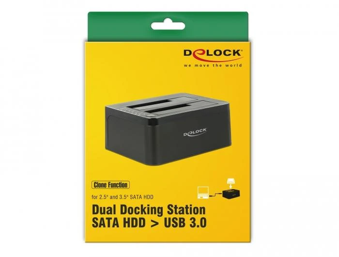 Външна докинг станция Delock 62661, за 2.5"/3.5" HDD/SSD, USB 3.0, Функция за клониране, Черен
