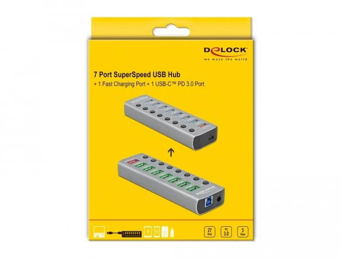 USB хъб Type-C Delock  7 x USB-A, 1 Fast Charging Port, 1 x USB-B, 1 x USB-C PD, Подсветка, Сив