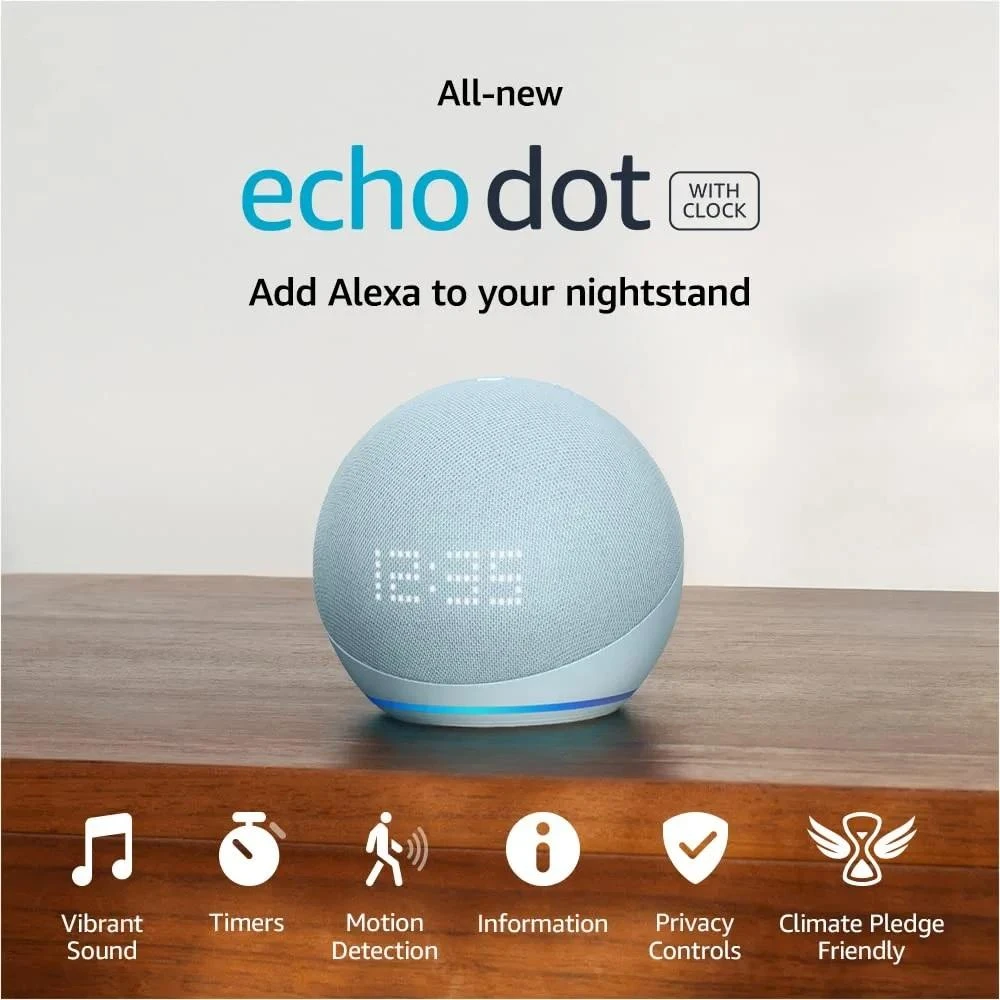 Преносима смарт тонколона Amazon Echo Dot 5, Гласов асистент, Alexa, Часовник, Син