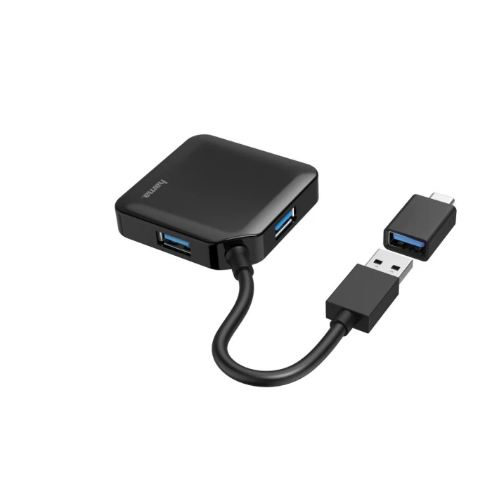 USB хъб HAMA, USB-А 4-портов, USB 3.2 Gen 1, 5 Gbit/s, USB-C адаптер, Черен