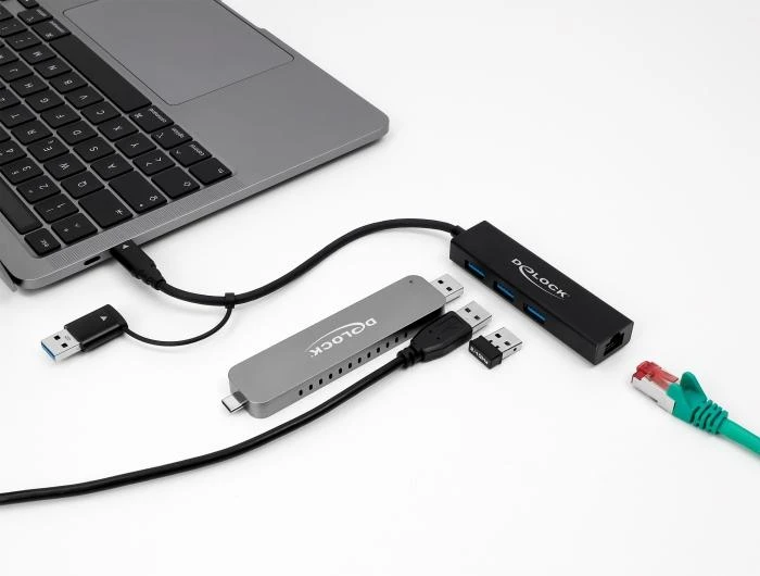 USB хъб Delock 64149, 3.2 Gen 1, 3 x USB-A, Gigabit LAN, USB-C, USB-A конектор, Черен