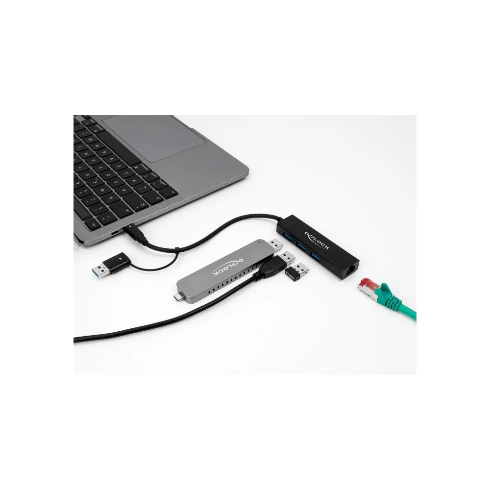 USB хъб Delock 64149, 3.2 Gen 1, 3 x USB-A, Gigabit LAN, USB-C, USB-A конектор, Черен