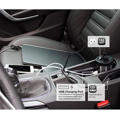 Инвертор Ewent EW3990, DC/AC 12V - 230V, 150W, USB 2.1 A, Сребрист