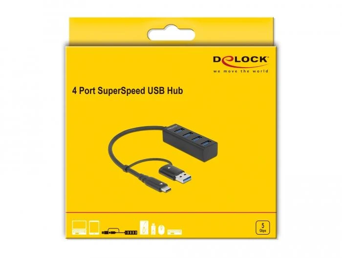 USB хъб Delock 63828, 3.2 Gen 1, 4 x USB-A, USB-C, USB-A конектор, Черен