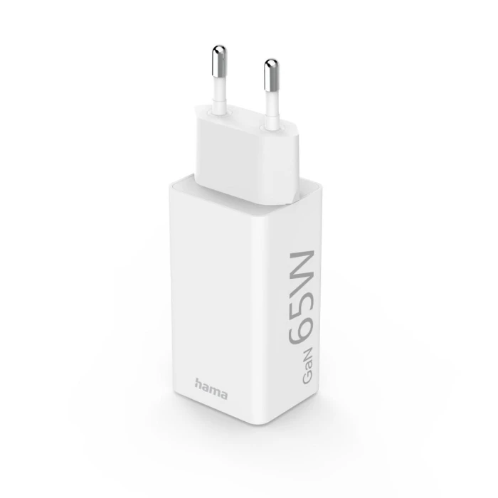 Бързо мини заряднo HAMA GaN, 1x USB-C PD, 1x USB-A QC, 65 W, бял