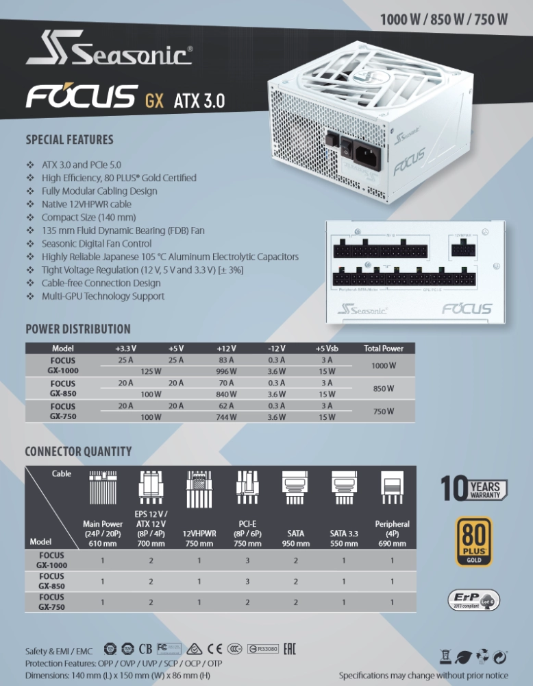 SEASONIC FOCUS GX-850 White ATX 3.0 Gold 850W