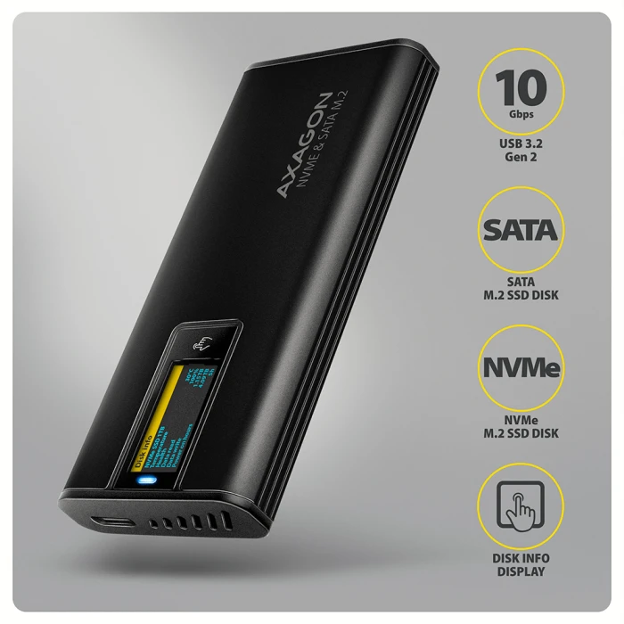 AXAGON 10Gbps M.2 NVMe USB-C with LCD