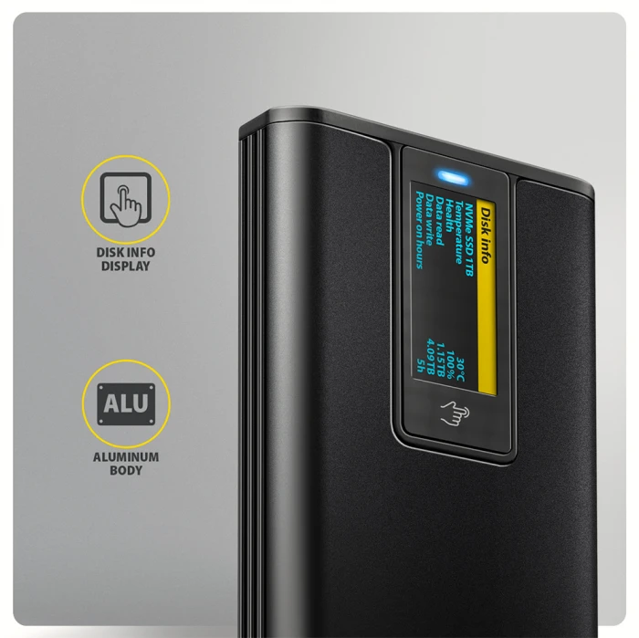AXAGON 10Gbps M.2 NVMe USB-C with LCD