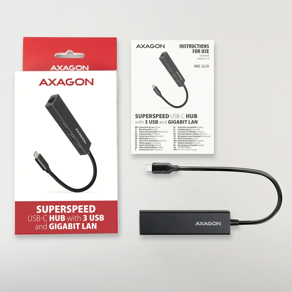 AXAGON HMC-GL3A USB-C hub + gigabit LAN