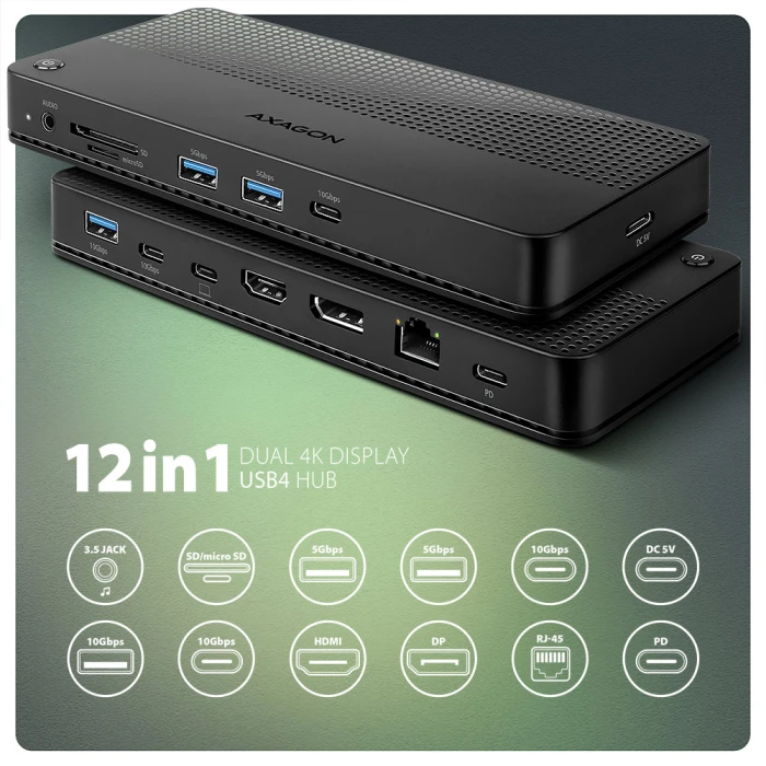 AXAGON USB4 40Gbps DUAL DISPLAY 12in1