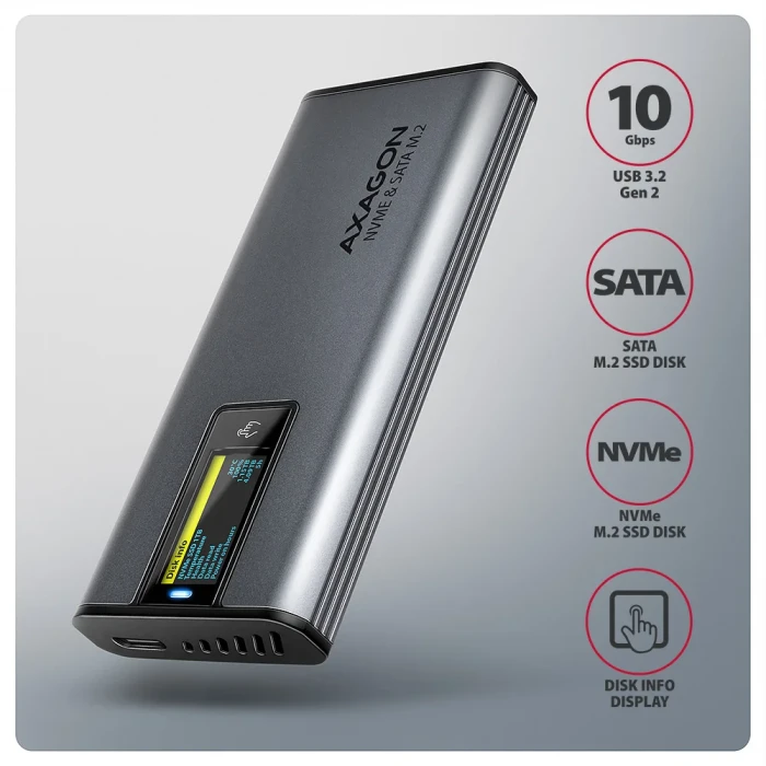 AXAGON USB-C 10Gbps > M.2 NVMe LCD