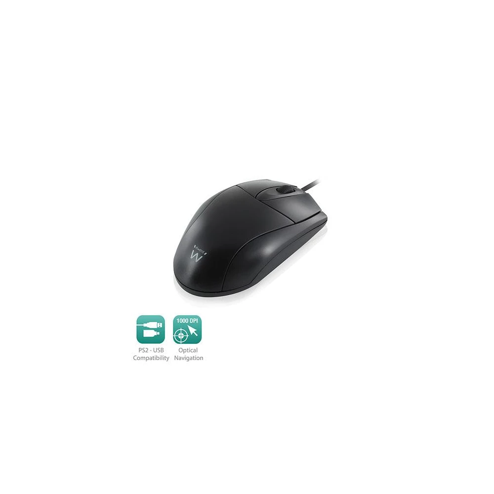 Оптична мишка Ewent EW3154, Жична, 1000 dpi, преходник USB-PS/2, Черна
