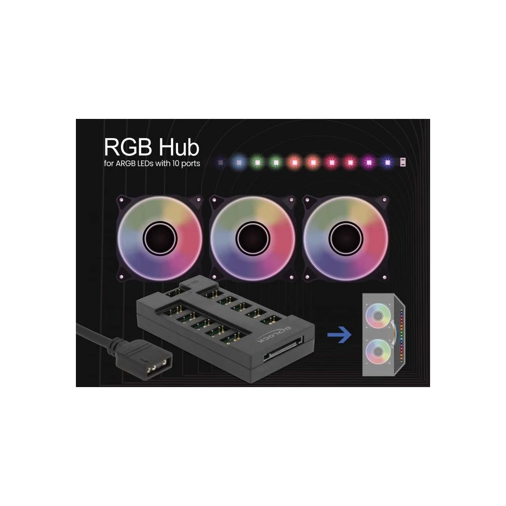 RGB хъб Delock 64128, 10 портов ARGB LEDs, Черен