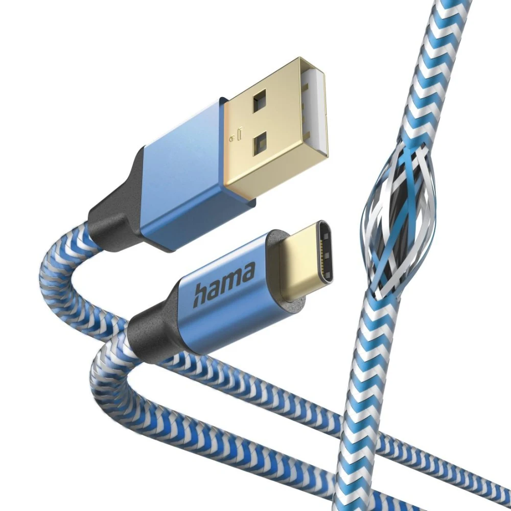 Кабел HAMA Reflective, USB-C мъжко - USB-A мъжко, 480 Mbps, 1.5 м., Син