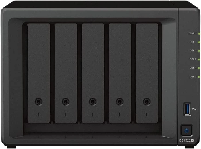 Мрежов сторидж Synology DS1522+, за 5 диска, до 108TB, CPU 2.6GHz, RAM 8GB, 4xГигабит, USB 3.2 Gen 1