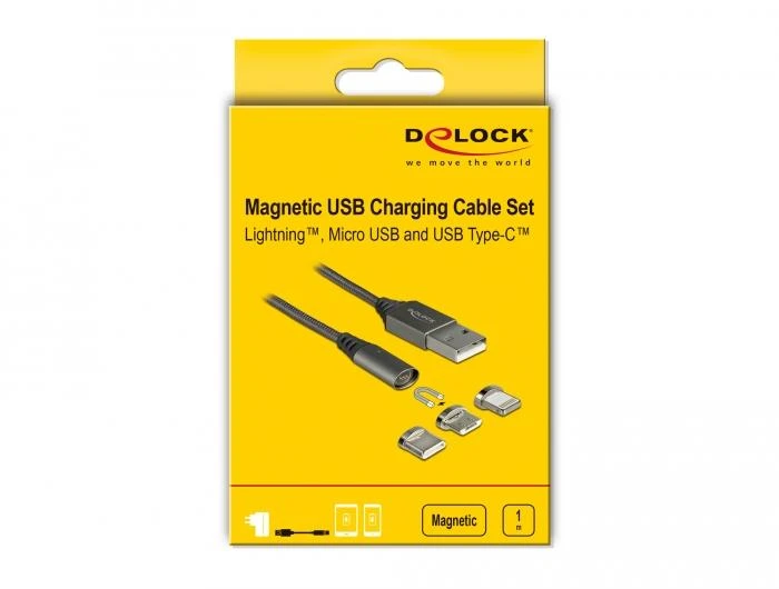 Кабел за зареждане Delock  3 в 1, USB-A мъжко - 8 Pin / Micro USB / USB Type-C, 1м, Черен