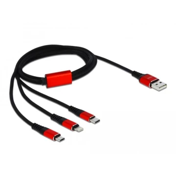 Кабел за зареждане Delock  3 в 1, USB - Lightning/ Micro USB/ USB-C, 1м, Черен/Червен