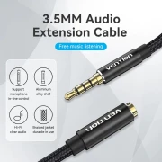 Vention Аудио Кабел Cotton Braided TRRS 3.5mm Male to 3.5mm F - 1.5m - Gold plated, Aluminum alloy - BHCBG