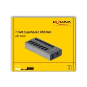 USB хъб Delock 7 x USB-A, 1 x USB-B, 5 Gbps, Превключвател, LED индикатор, Сив