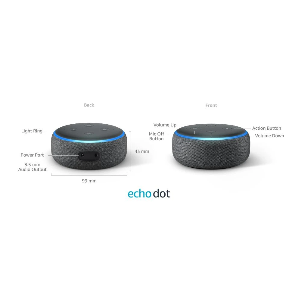 Преносима смарт тонколона Amazon Echo Dot 3 Charcoal, гласов асистент, Черен