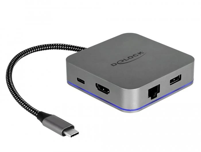 Докинг станция Delock USB-A, USB-C, HDMI, Gigabit LAN, PD, Подсветка, Сив