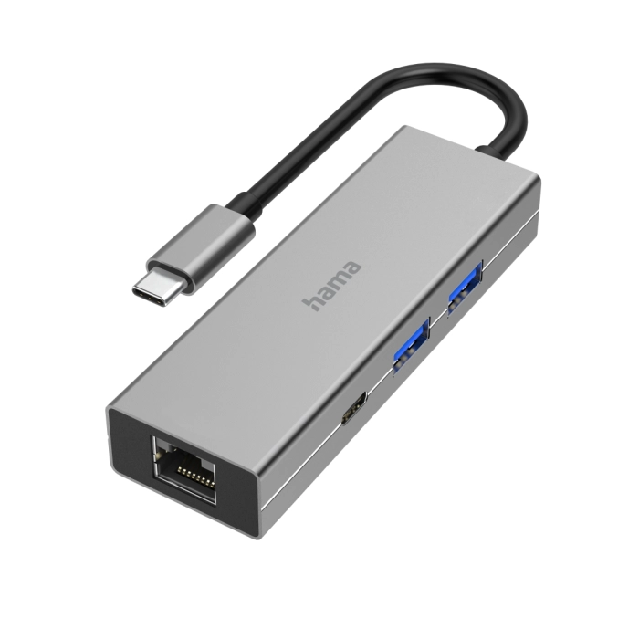 4-портов хъб USB-C HAMA, 2 x USB-A, USB-C, LAN/Ethernet, Сив