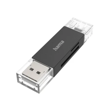 Четец за карти HAMA, OTG, USB-A + USB-C, USB 3.2, SD/microSD, Черен