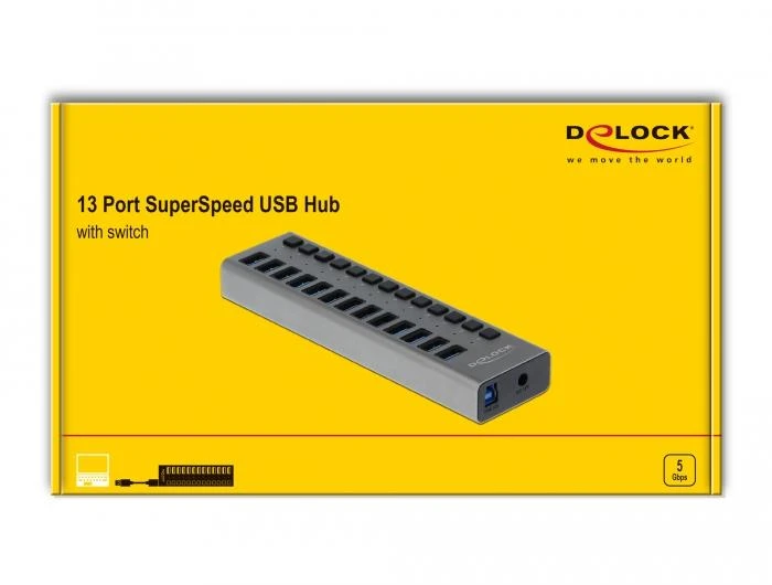 USB хъб Delock, 13 x USB-A, 1 x USB-B, 5 Gbps, Превключвател, LED индикатор, Сив