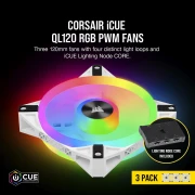 Corsair iCUE QL120 RGB PWM 3in1 контролер Lightning Node CORE Бял