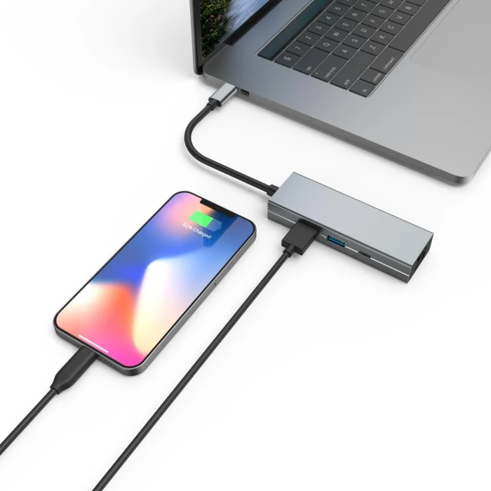 4-портов хъб USB-C HAMA, 2 x USB-A, USB-C, LAN/Ethernet, Сив