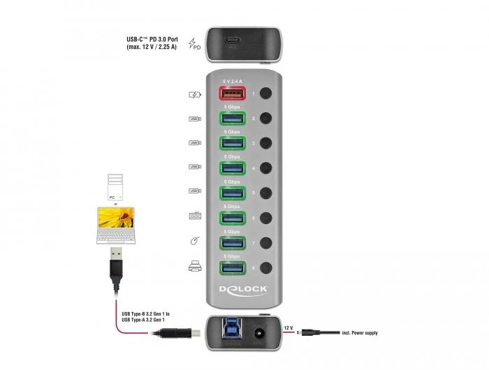 USB хъб Type-C Delock  7 x USB-A, 1 Fast Charging Port, 1 x USB-B, 1 x USB-C PD, Подсветка, Сив