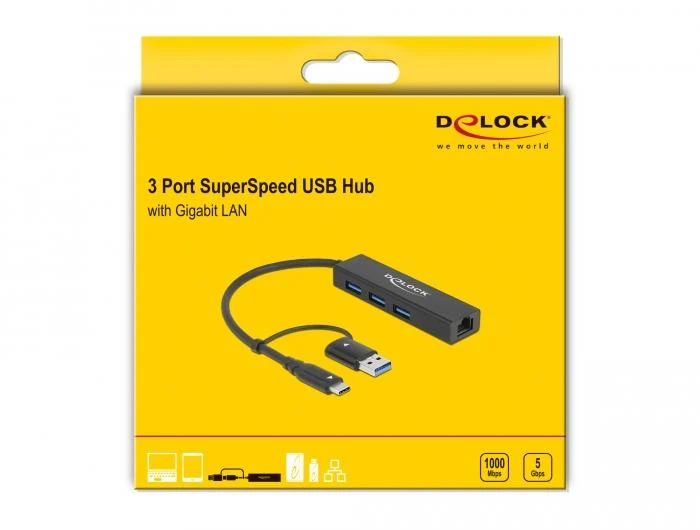 USB хъб Delock 64149, 3.2 Gen 1, 3 x USB-A, Gigabit LAN, USB-C, USB-A конектор, Черен