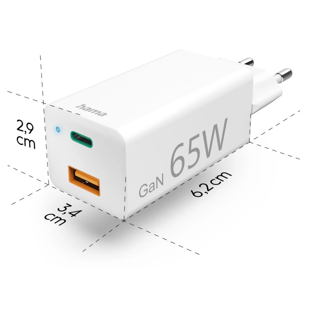 HAMA Бързо мини Gan зарядно 220V, 65W,1x USB-C PD, 1x USB-A QC, бял