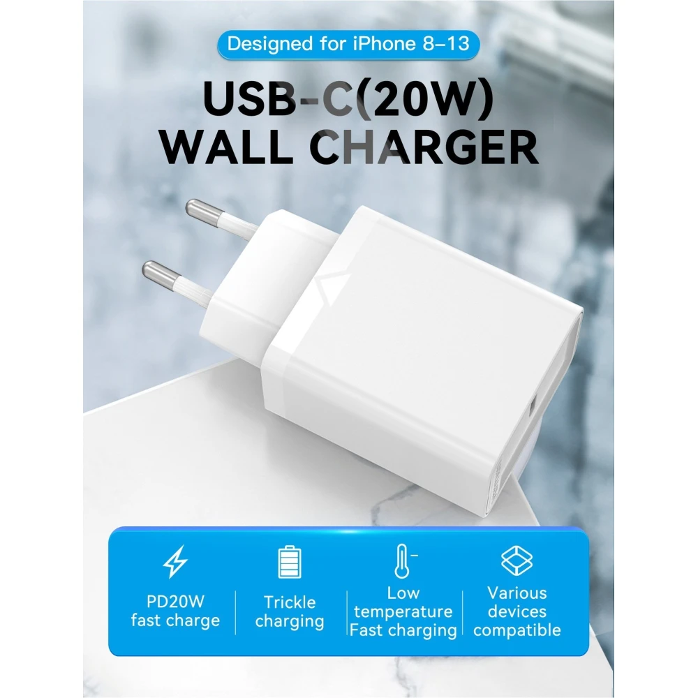 Vention бързо зарядно Fast Charger Wall - QC4.0, PD3.0 Type-C, 20W White - FADW0