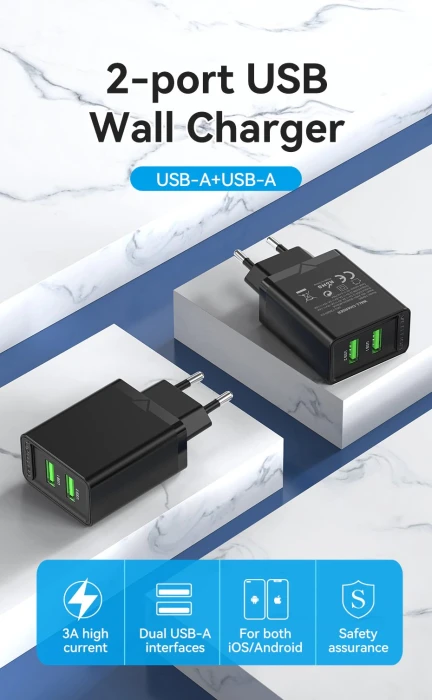 Vention бързо зарядно Fast Charger 2 x QC3.0 18W Black - FBAB0