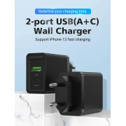 Vention бързо зарядно Fast Charger Wall - QC4.0, PD Type-C + QC3.0 USB A, 20W Black - FBBB0