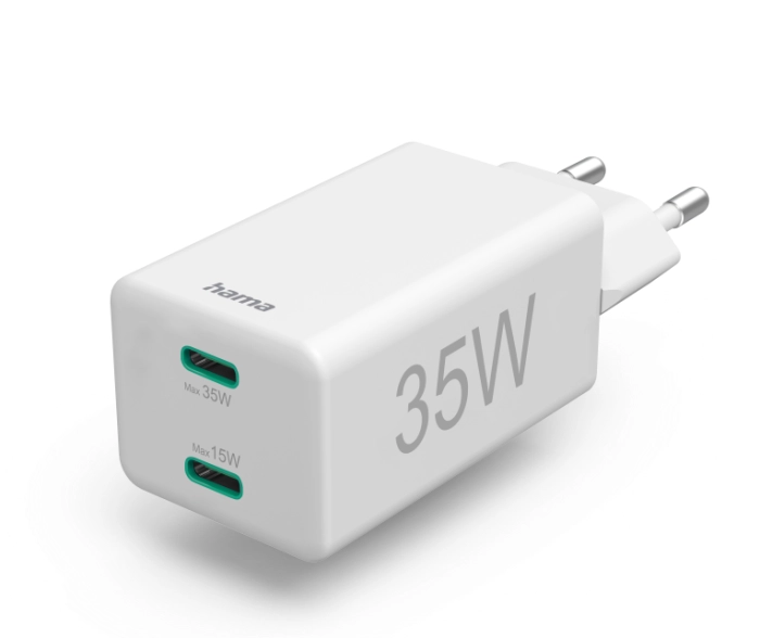 HAMA Бързо мини зарядно, 2x USB-C, PD/Qualcomm®, 35 W, бял