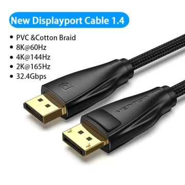 Vention кабел Display Port 1.4 DP M / M 8K 2m - Cotton Braided, Black - HCCBH