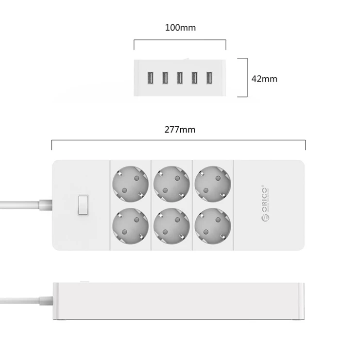 Orico протектор Surge Protector - 6 x Schuko, 5 x USB 2.4A Charging, 4000W, 1.5m - HPC-6A5U-V1-EU-WH