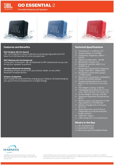 JBL Go Essential 2 Bluetooth - Blue