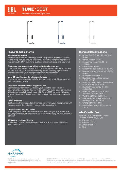 JBL Tune 135BT Bluetooth - Black