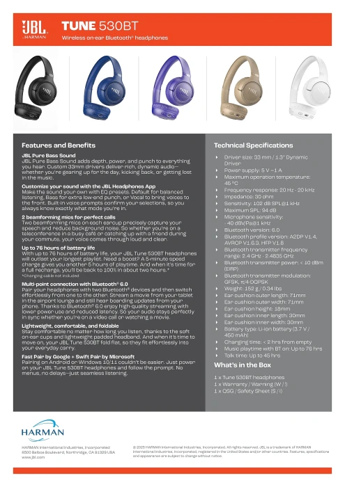 JBL TUNE 530BT Bluetooth - Blue