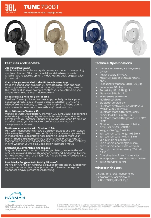 JBL Tune 730BT Bluetooth White