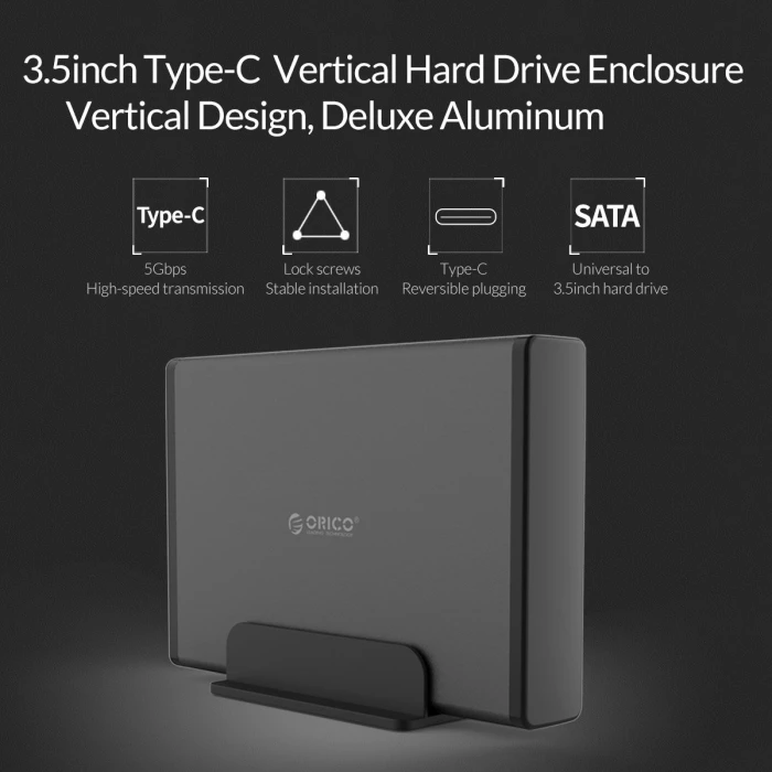 Orico кутия за диск Storage - Case - 3.5 inch Vertical, USB3.1 Type-C, Power adapter, UASP, black - 7688C3-BK