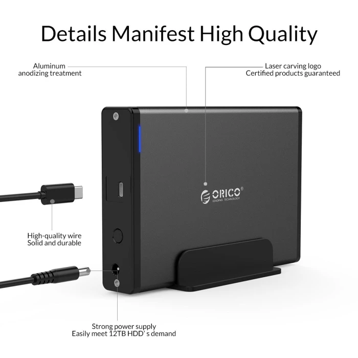 Orico кутия за диск Storage - Case - 3.5 inch Vertical, USB3.1 Type-C, Power adapter, UASP, black - 7688C3-BK
