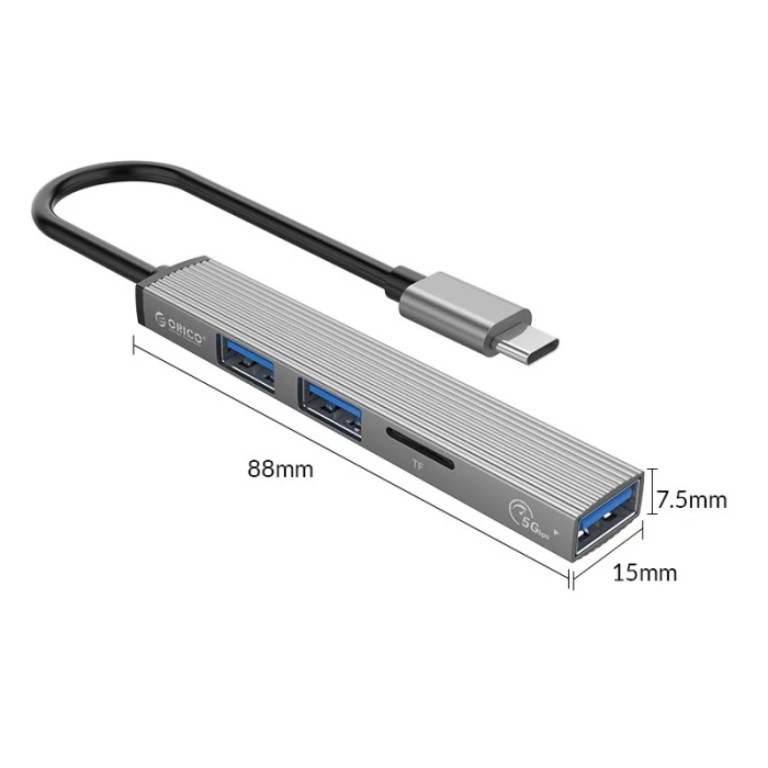 Orico хъб USB3.0/2.0 HUB 3 port + card reader TYPE C, Aluminum - AH-12F-GY