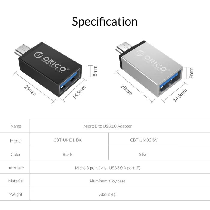 Orico преходник Adapter OTG -  USB Micro B to USB3.0 AF - CBT-UM01-BK
