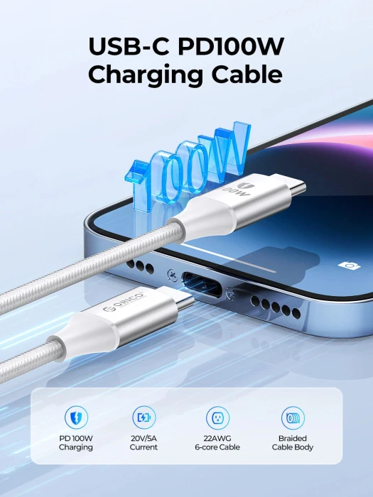Orico кабел USB C-to-C PD 100W Charging 1.0m Black