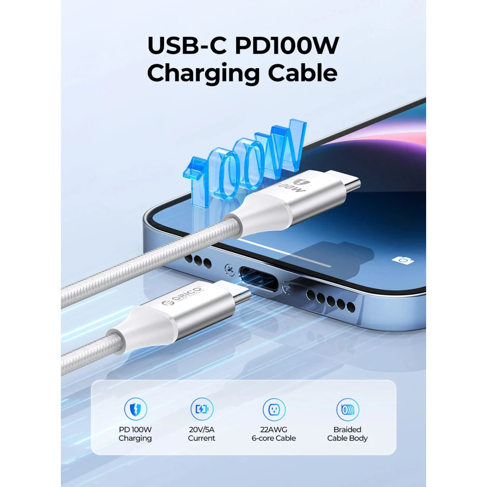 Orico кабел USB C-to-C PD 100W Charging 1.0m Black