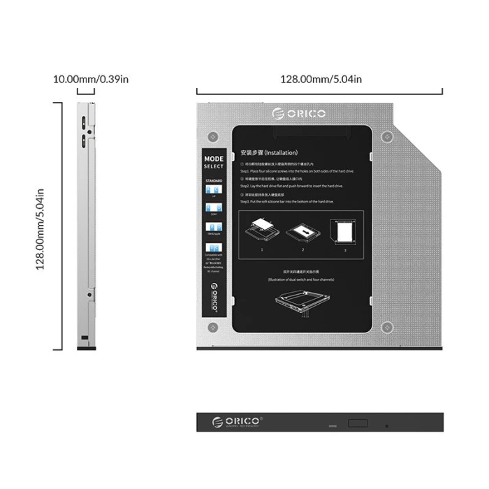 Orico тънко кади за лаптоп Laptop Caddy 9.0-9.5mm SATA3 with LED/switch - M95SS-SV